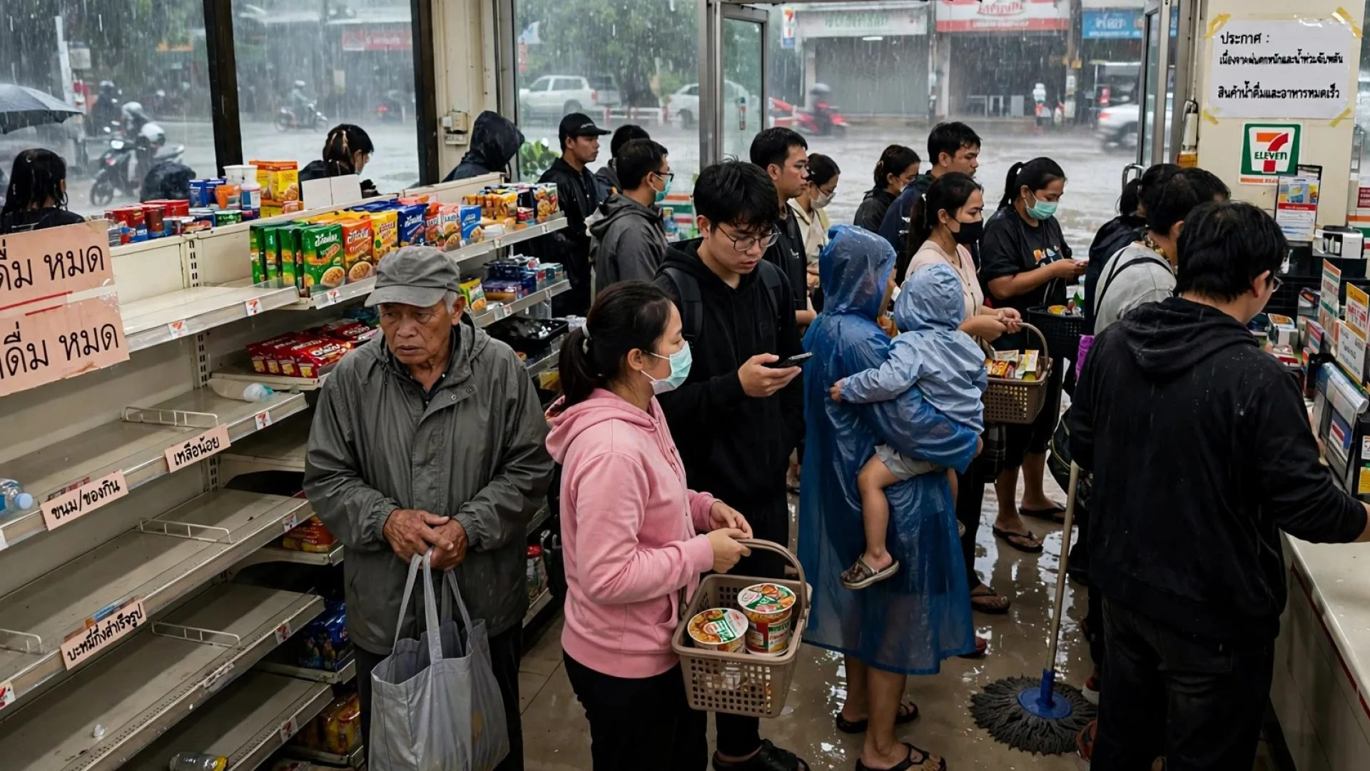 ร้านสะดวกซื้อสินค้าหมดเกลี้ยงหลังน้ำท่วมกรุงเทพมหานคร