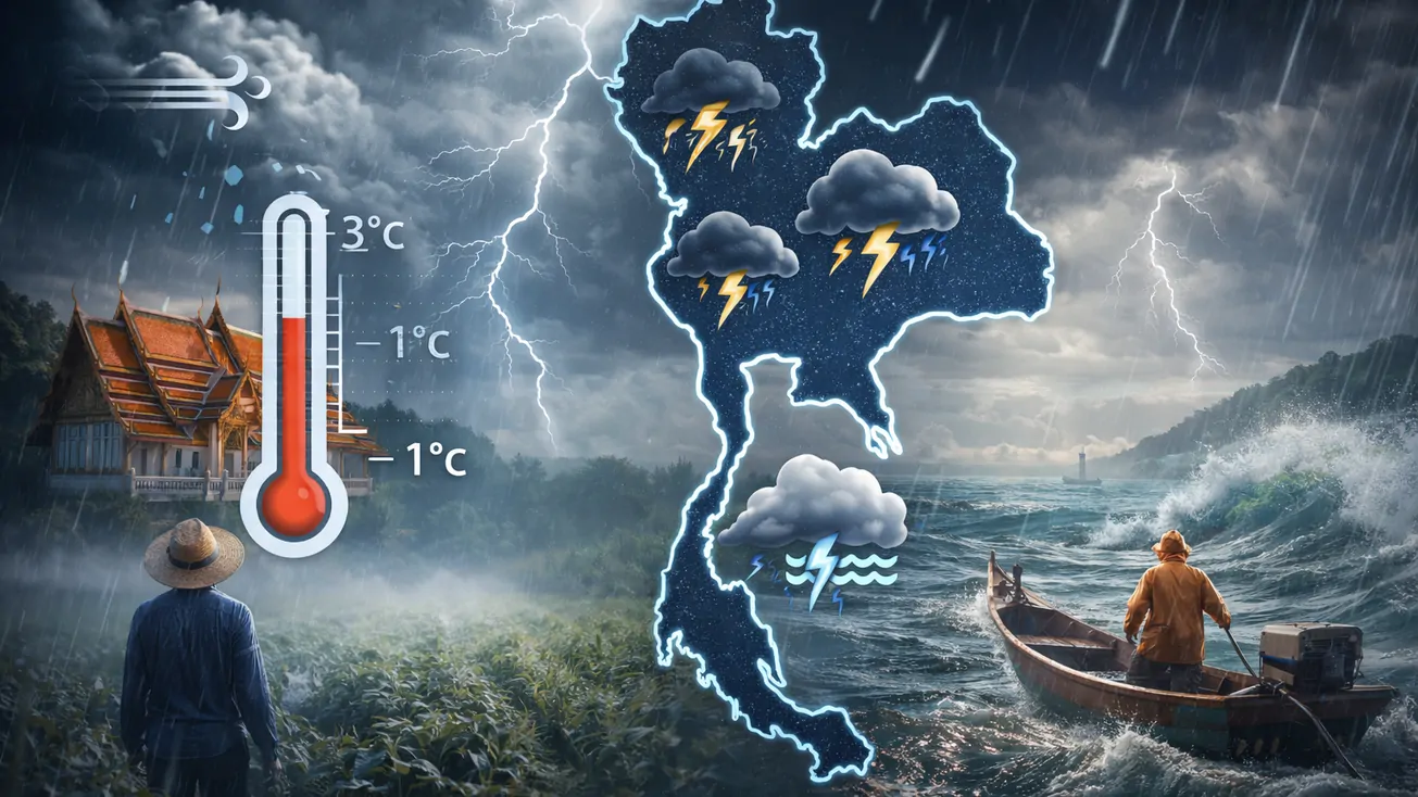 พยากรณ์อากาศวันนี้ 9 ก.พ. 2569 ไทยตอนบนอุณหภูมิลดลง 1–3 องศา ฝนฟ้าคะนอง–ลมแรง ภาคใต้คลื่นสูง