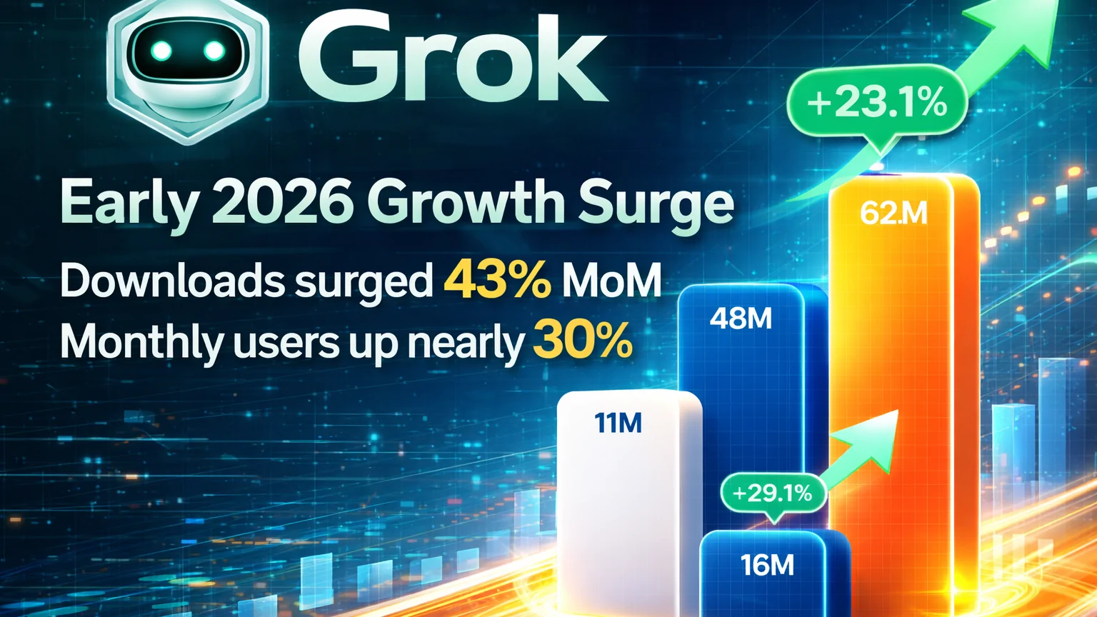Grok โตแรงต้นปี 2026 ยอดดาวน์โหลดพุ่ง 43% ต่อเดือน ผู้ใช้งานเพิ่มเกือบ 30%