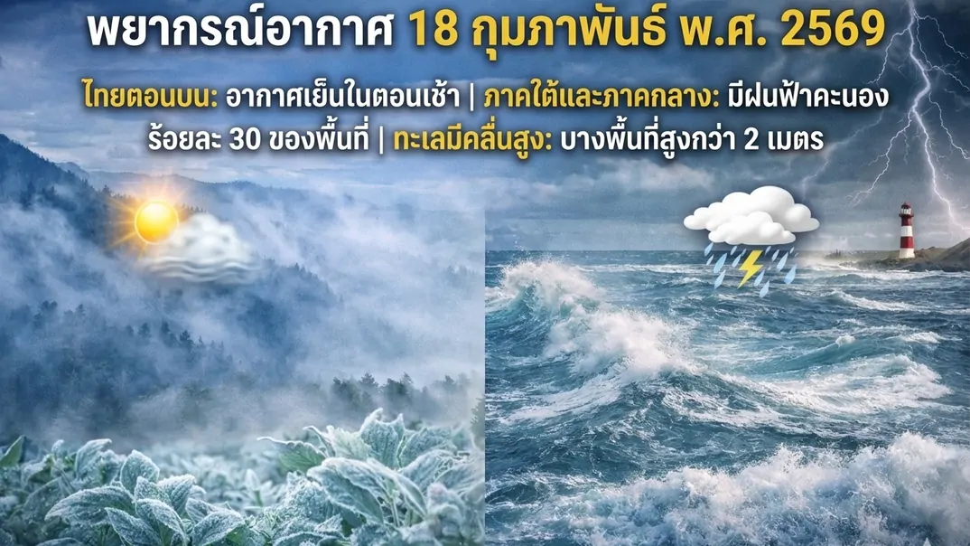 พยากรณ์อากาศ 18 ก.พ. 69 ไทยตอนบนเย็นตอนเช้า ใต้-ภาคกลางฝนร้อยละ 30 คลื่นบางพื้นที่เกิน 2 เมตร