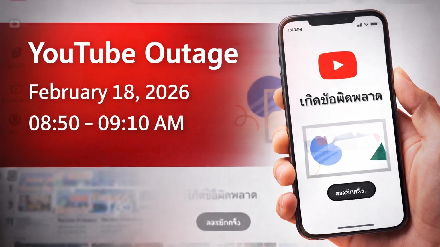 ด่วน! YouTube ล่มเช้า 18 ก.พ. 69 เข้าใช้งานไม่ได้ทั่วไทยช่วง 08:50–09:10 น.