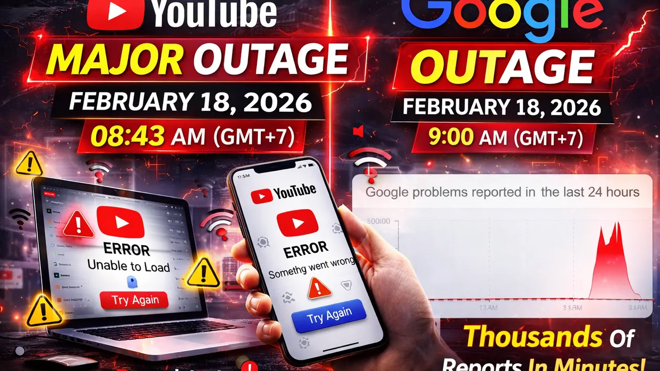 Google สะดุดเช้า 18 ก.พ. 2026 รายงานปัญหาพุ่งบน Downdetector หลัง YouTube ล่ม