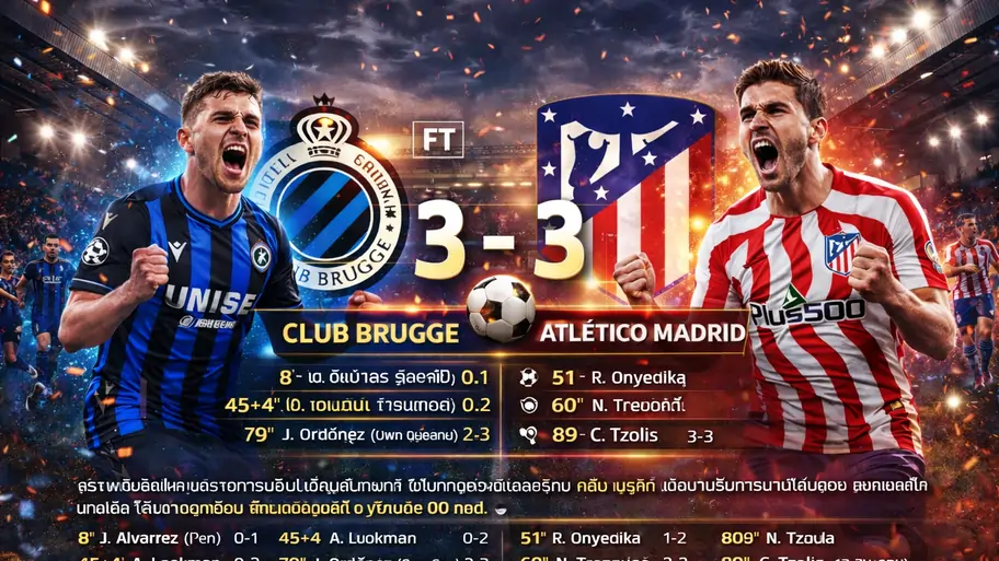 คลับ บรูกก์ พบ แอตเลติโก มาดริด ดราม่าทดเจ็บ ไล่เจ๊าเดือด 3-3 เกมยุโรปสุดมันส์