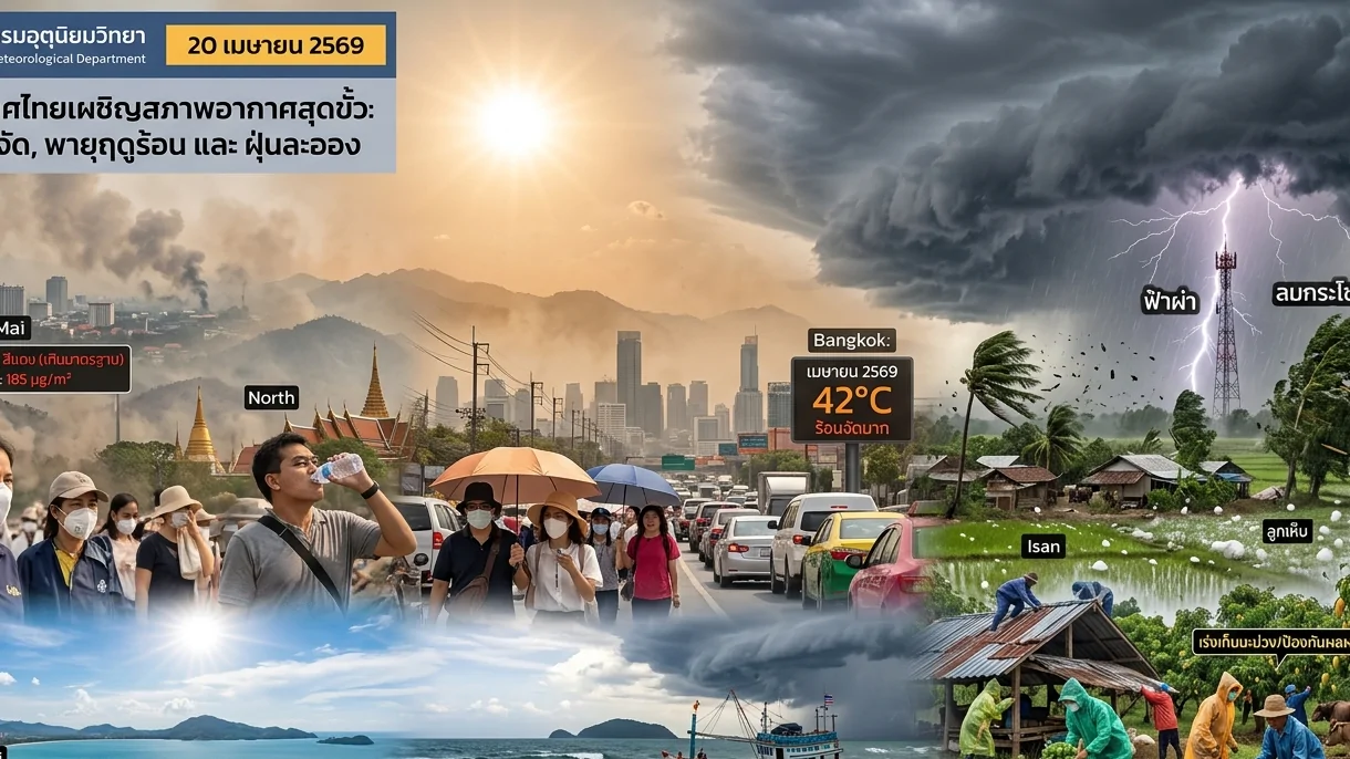 สภาพอากาศประเทศไทย 20 เมษายน 2569 คลื่นความร้อน พายุฤดูร้อน และภัยฝุ่นควัน