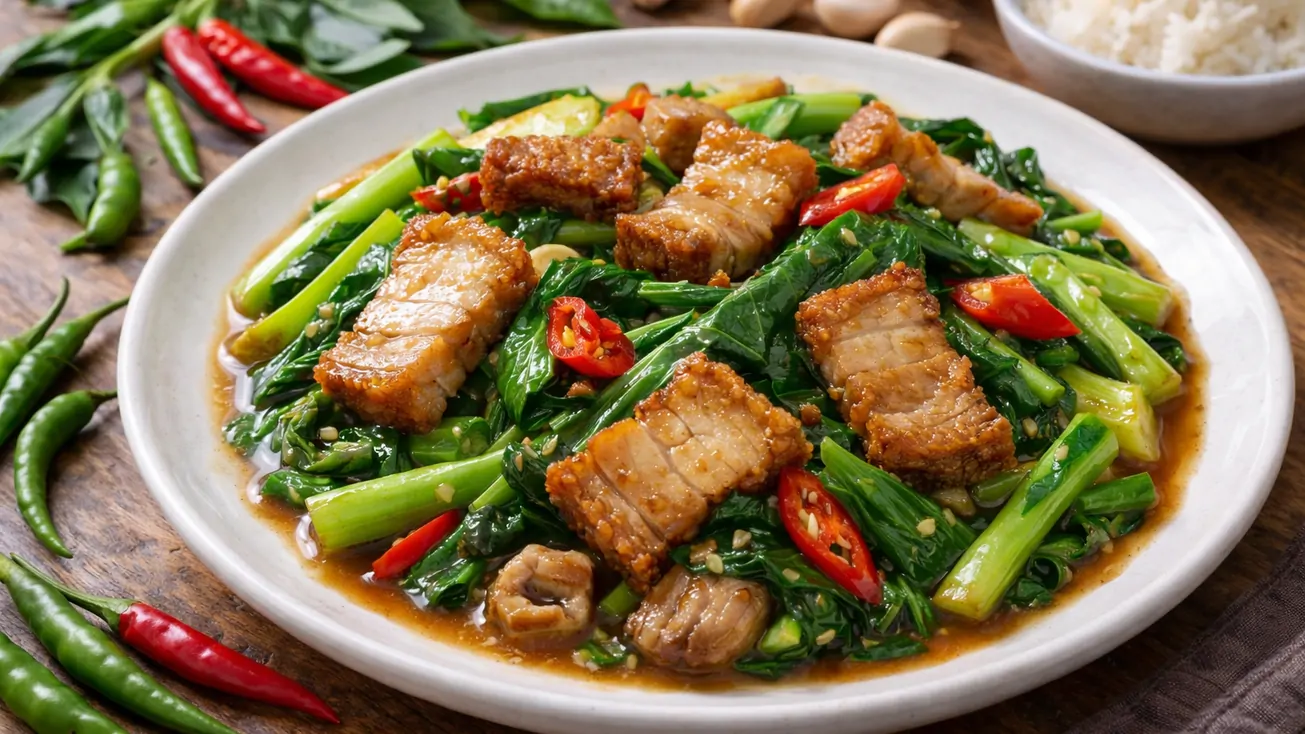 สูตรคะน้าหมูกรอบ รสชาติกลมกล่อม หอมกลิ่นกระทะ ทำง่ายได้ที่บ้าน