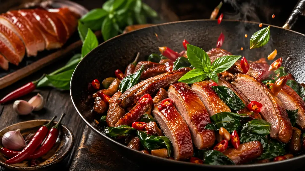 สูตรผัดกะเพราเป็ดย่าง รสจัดจ้าน หอมกลิ่นใบกะเพรา ทำง่ายใน 10 นาที