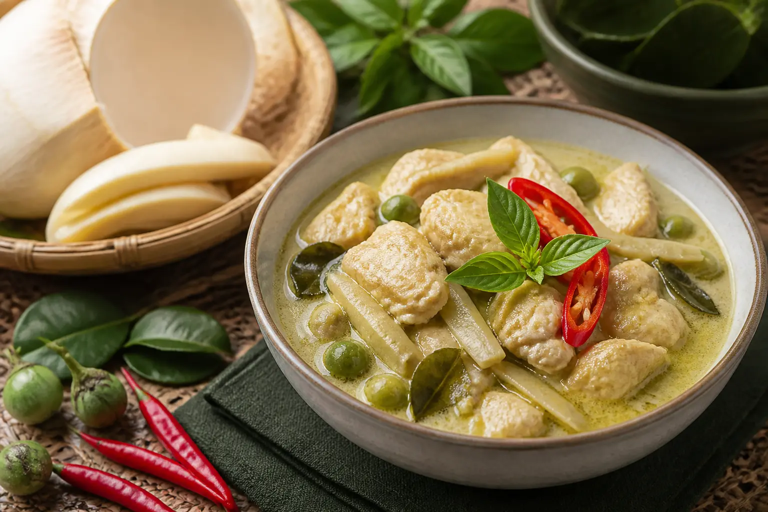 สูตรแกงเขียวหวานไก่ยอดมะพร้าวอ่อน รสชาติกลมกล่อม หอมกะทิแตกมัน