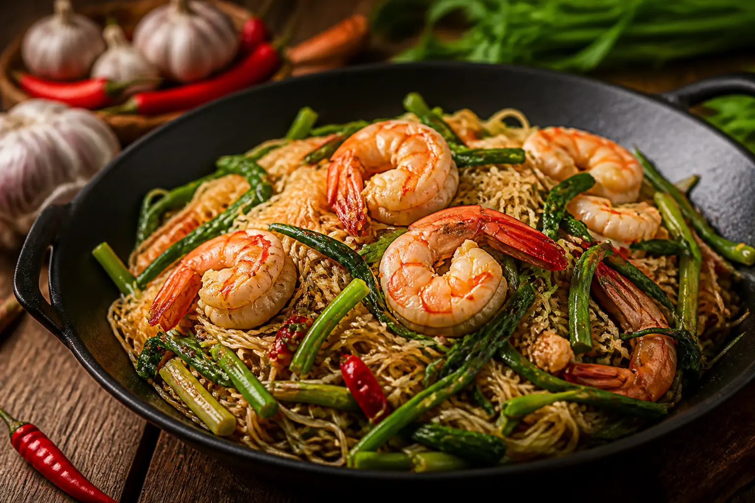 สูตรเส้นหมี่ผัดกระเฉดกุ้งสด รสเด็ดจัดจ้านสไตล์สตรีทฟู้ด