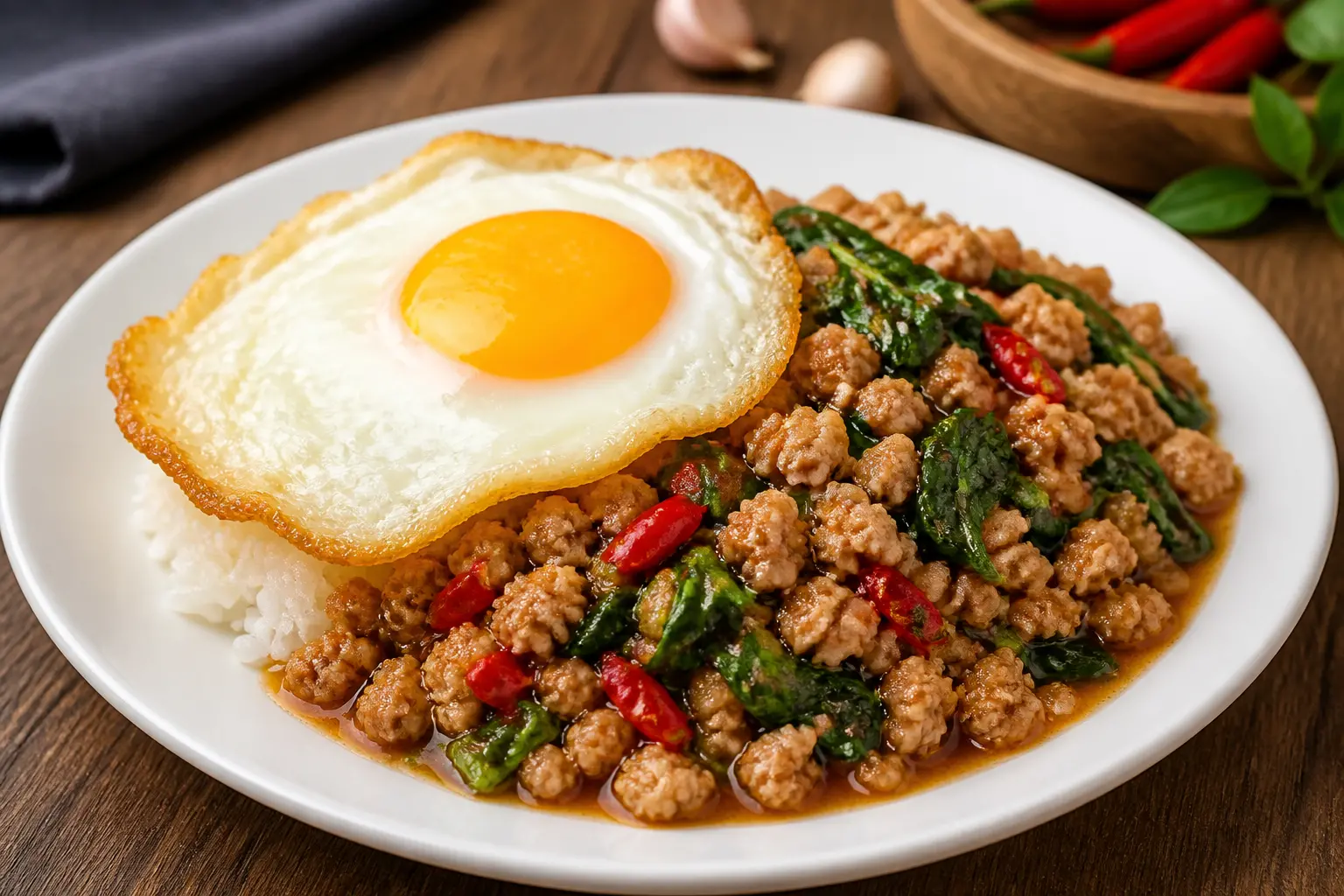 สูตรข้าวราดหน้ากะเพราหมูสับไข่ดาว เมนูจานด่วนยอดนิยมรสชาติถึงเครื่อง