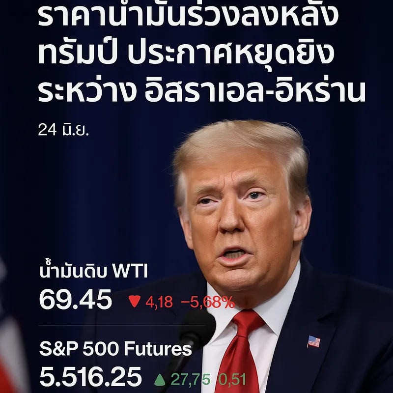 บลูมเบิร์ก รายงาน (24 มิ.ย.) ราคาน้ำมันดิบร่วงและตลาดหุ้นสหรัฐฯ ปรับตัวขึ้น หลังประกาศหยุดยิงชั่วคราวระหว่างอิสราเอล-อิหร่าน